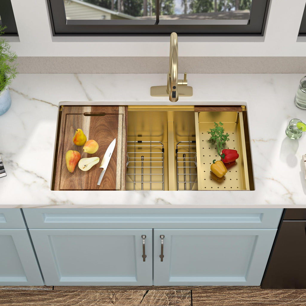 33"x19" Undermount Gold Double Bowl Kitchen Sink Workstation