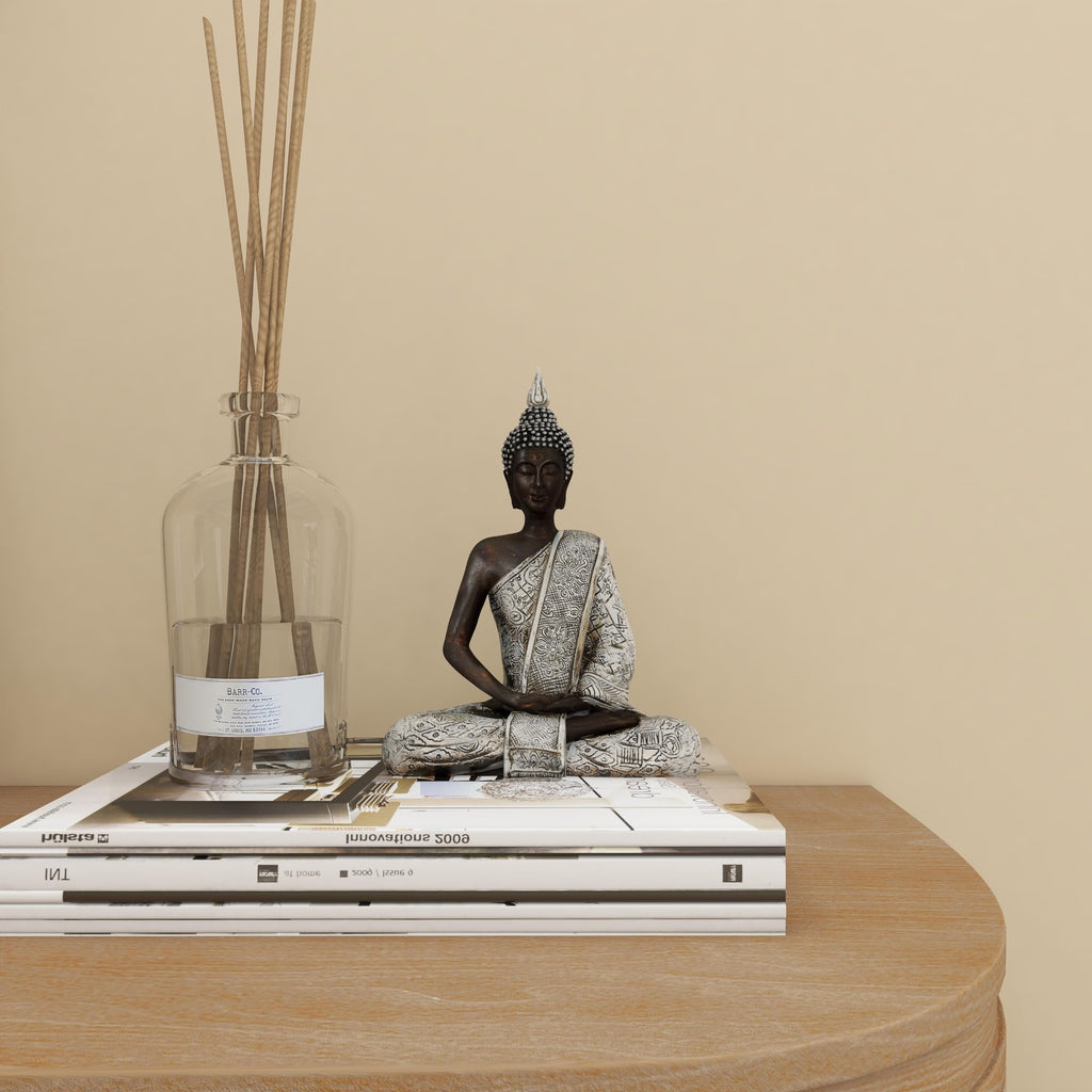 Polystone Buddha Decorative Sculpture Meditating Home Decor Statue with Engraved Carvings and Relief Detailing