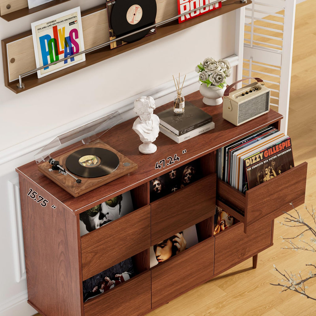 47.2" Large Record Player Stand, Vinyl Record Storage Cabinet, Brown