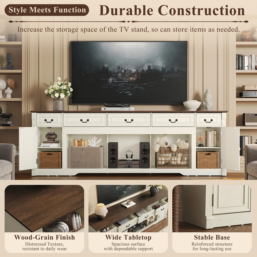 95" Large Farmhouse TV Stand, Entertainment Center for TV up to 100" White