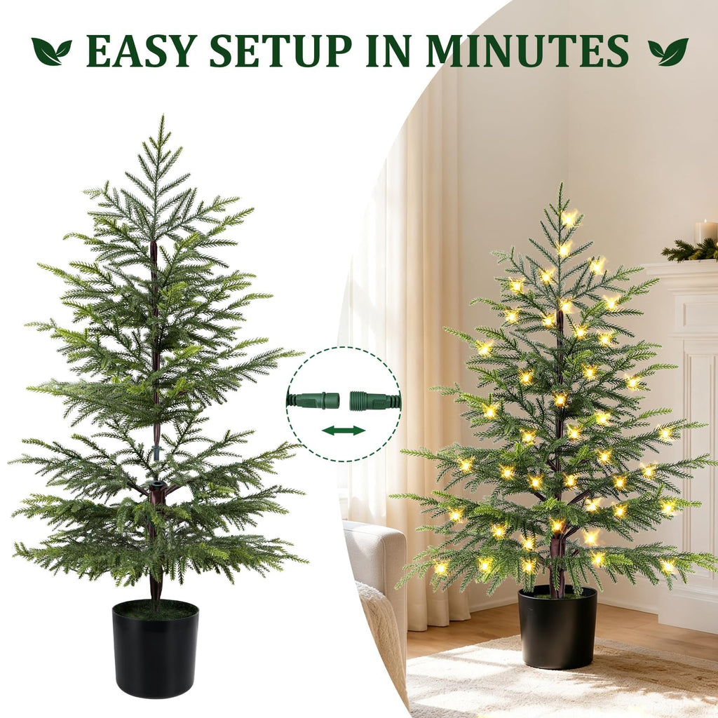PreLit 3FT Norfolk Pine Christmas Tree - Realistic Potted Artificial Tree with 50 LED Lights & 8-Mode, Battery