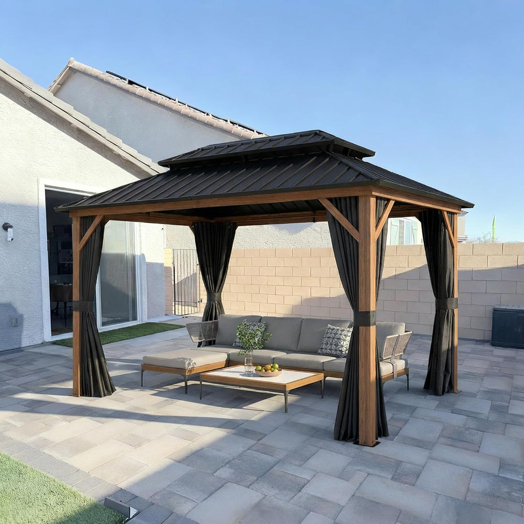 8' X 12' Hardtop Gazebo Outdoor Wood Grain Aluminum Frame Galvanized Steel Double Roof Gazebos with Netting and