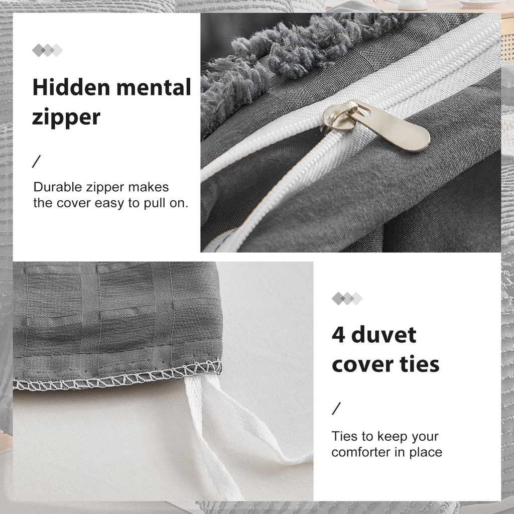 Dark Grey Boho Duvet Cover Set King Size, Tuft Texture, 3-Piece