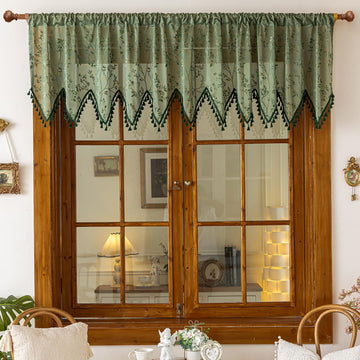 Green Lace Triangle Sheer Valance Curtains for Windows Kitchen Living Room Bathroom Bedroom Leaf Embroidered Voile