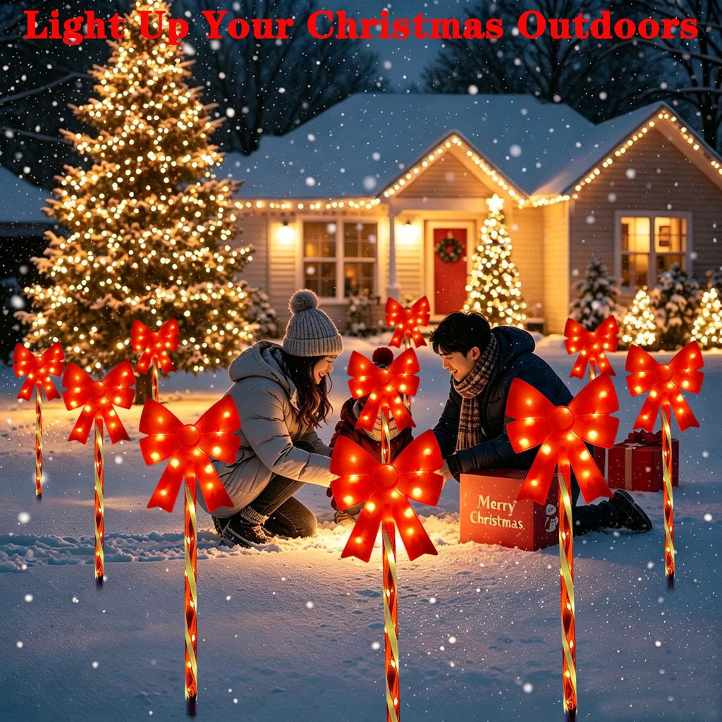 Outdoor Christmas Decorations Solar Pathway Lights, Set of 5 Red Bow Candy Stake Lights, Waterproof Solar Christmas