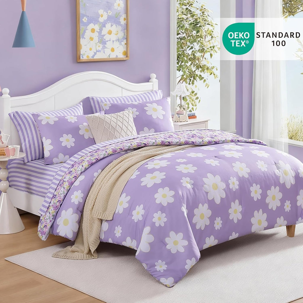 Full Comforter Sets for Girls, Daisy Kids Bedding Set Reversible with Cute Floral, All Season Bed in a Bag 7 Pieces