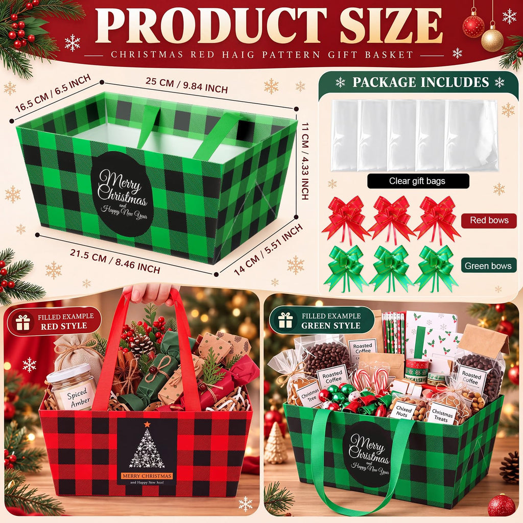 12 Pack Christmas Plaid Empty Paper Baskets with Bags and Bows