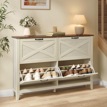 Farmhouse Shoe Cabinet, Narrow Storage Organizer, 4 Flip Drawers