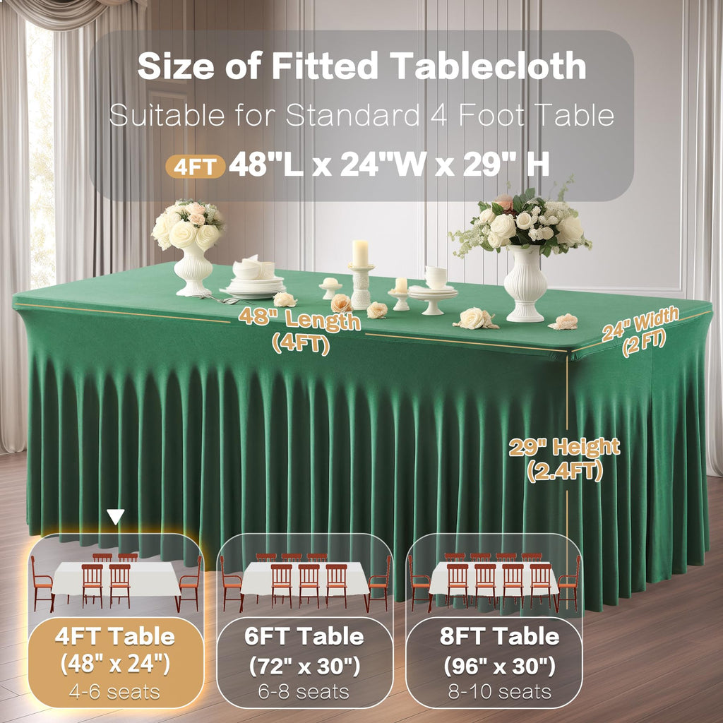 2 Packs Green Spandex Table Clothes for 4 Foot Rectangle Table, Spandex Table Covers 4FT Stretch Table Skirts Wrinkle