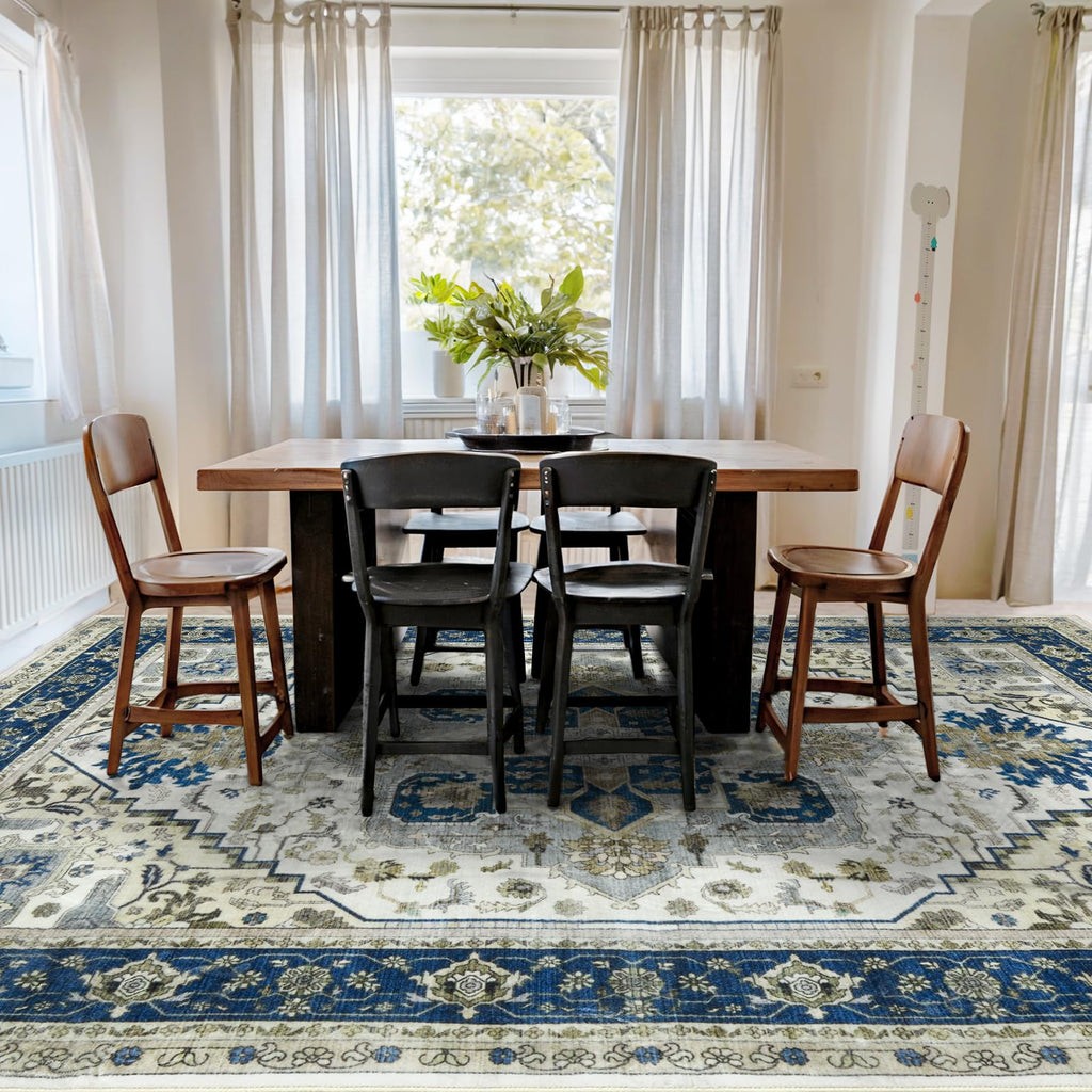 Machine Washable Area Rug - Large Vintage Oriental Soft Rugs, Low Pile Thin Floor Carpet with Non Slip Backing