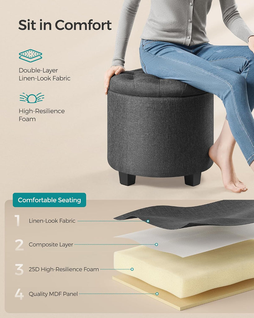 Round Ottoman, Ottoman with Storage, 17.7 Dia. x 17.5 H Inches Foot Rest with Legs, Load up to 330 lb, Dark Gray