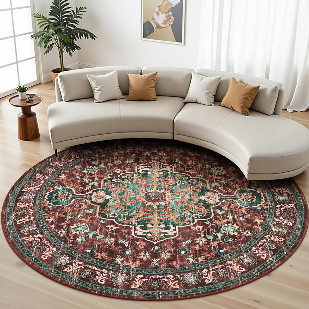 Boho Vintage Round Area Rug 8ft Machine Washable Low Pile Soft Floor Carpet Non Slip Non Shedding Ac