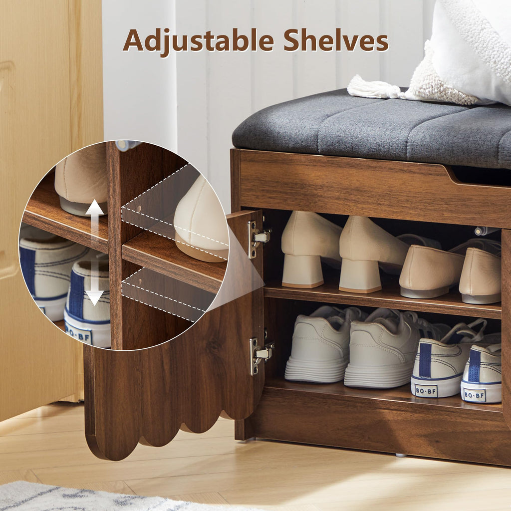 Shoe Storage Bench with Cushion, Entryway Shoe Cabinet Bench with 2 Scalloped Doors & Adjustable Shelf, 2-Tier Shoe