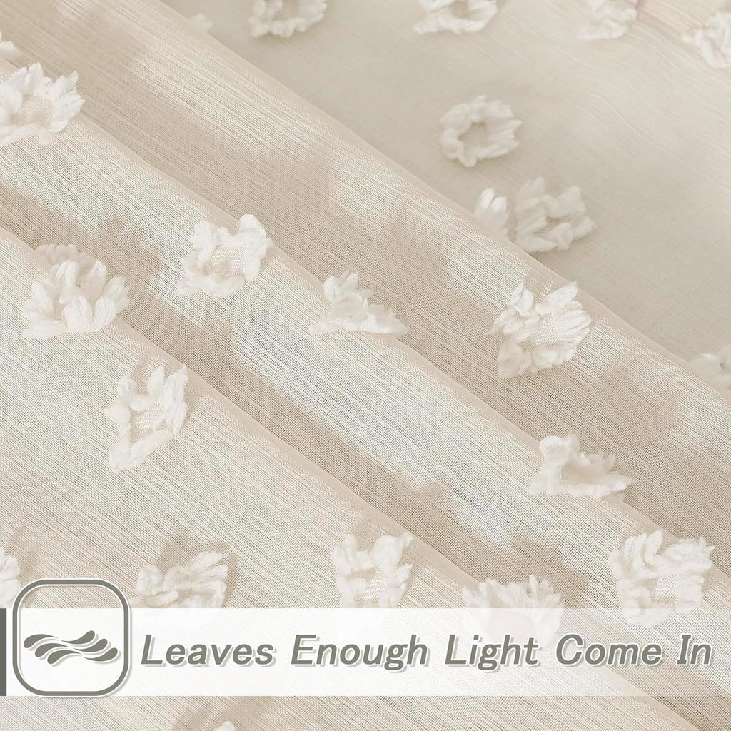 Beige Boho Sheer Curtains with Cream Pom Pom 36Wx63L, 2 Panels