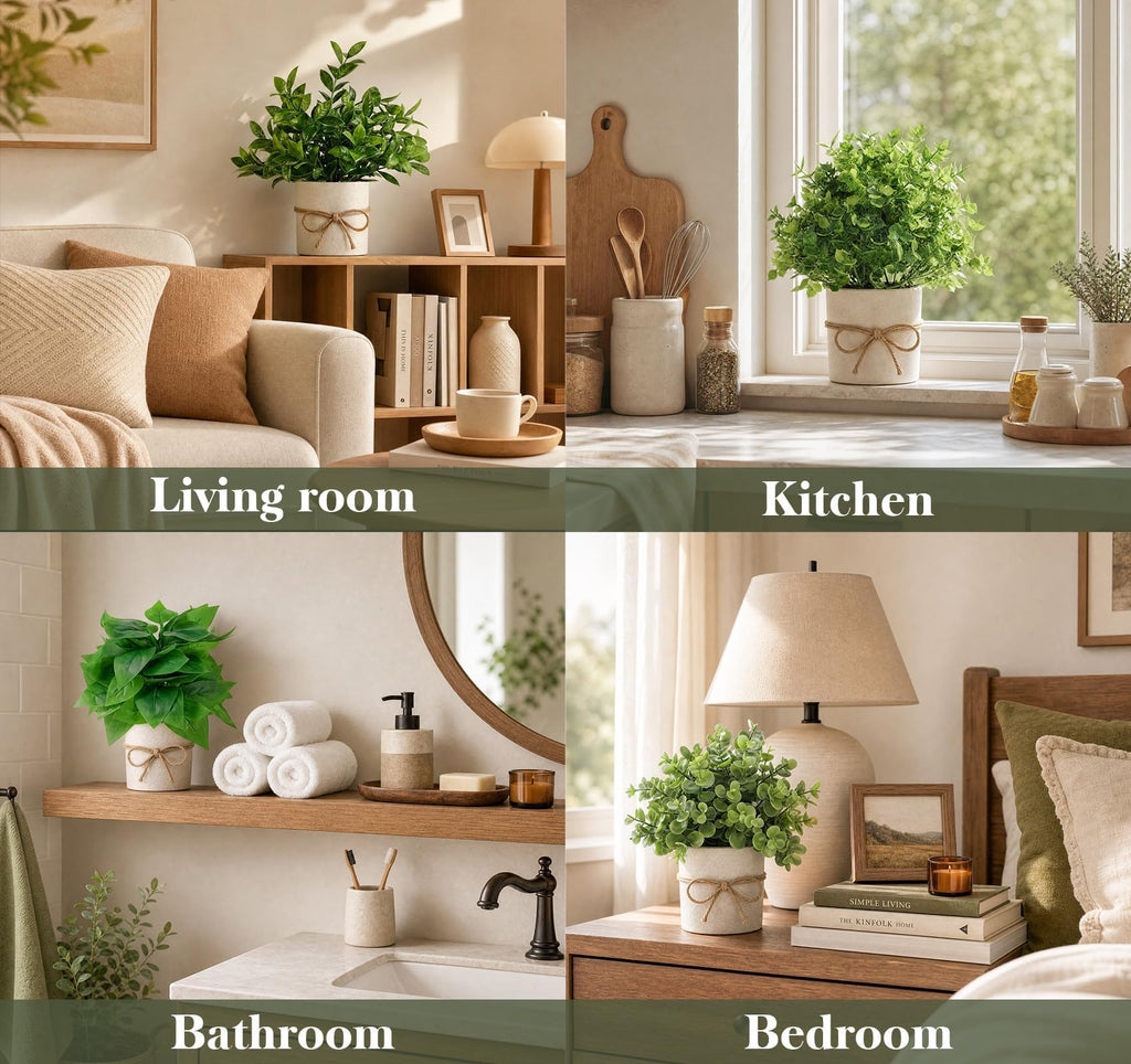 Fake Plants, 4 PCS Small Artificial Eucalyptus Potted Plants Indoor in Pots