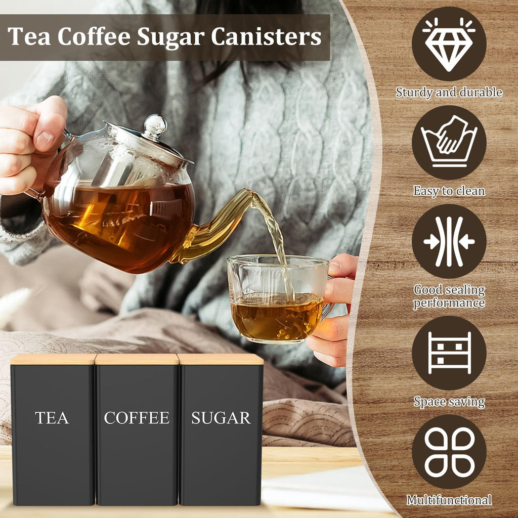 3 Pcs Coffee Tea Sugar Container Set, 1000 ml Vintage Kitchen Canister Set with Bamboo Lids, Metal Food Storage