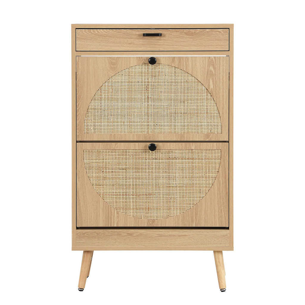 Natural Rattan Shoe Cabinet, 2 Flip Drawers with Top Drawer