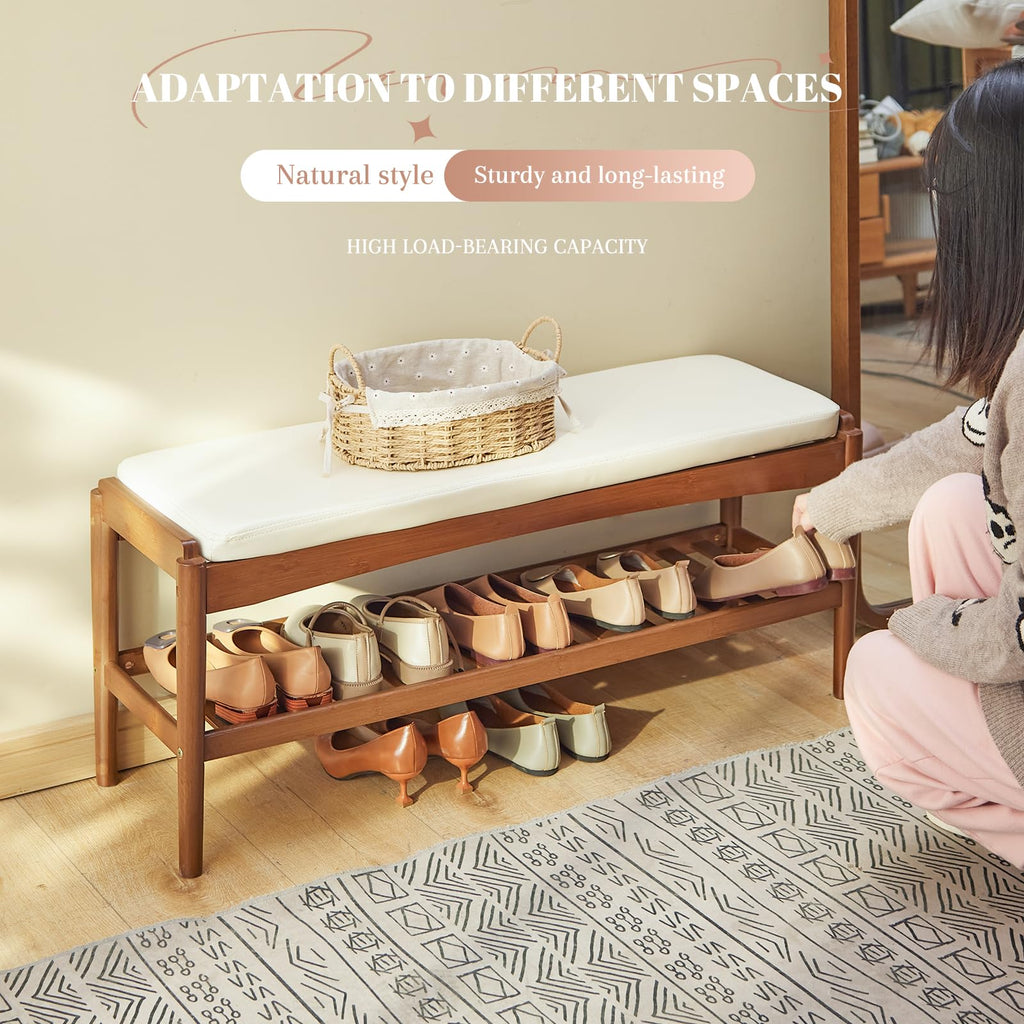 Shoe Rack Bench Entryway Bamboo Shoe Storage Bench with Leather Cushion 2 Tiers Shoe Rack Entryway Bench (Beige Bench