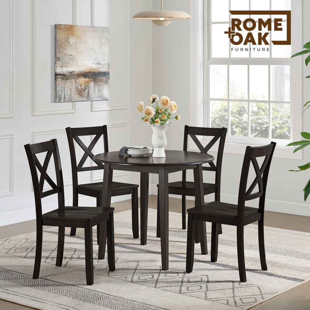 Hinged Drop Leaf Dining Table, 22-36" Round Tabletop, Dark Brown