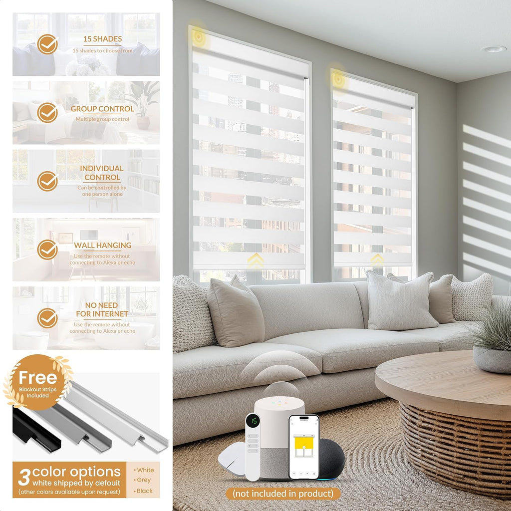 Motorized Zebra Blinds with Remote, 95% Blackout Zebra Roller Window Shades, Wireless Electric Zebra Blinds, Built in Rechargeable Motor Window Blinds. for Home, White, Custom Sizes