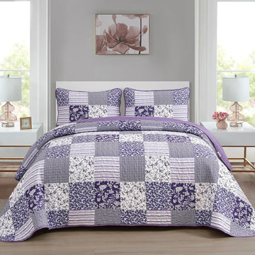 Boho Quilts Queen, Patchwork Reversible Bedding Set, Purple - Set of 3