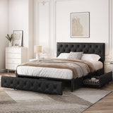 Queen Bed Frame Upholstered Bed Frame with Adjustable Diamond Button-Tufted Headboard/3 Drawers Storage