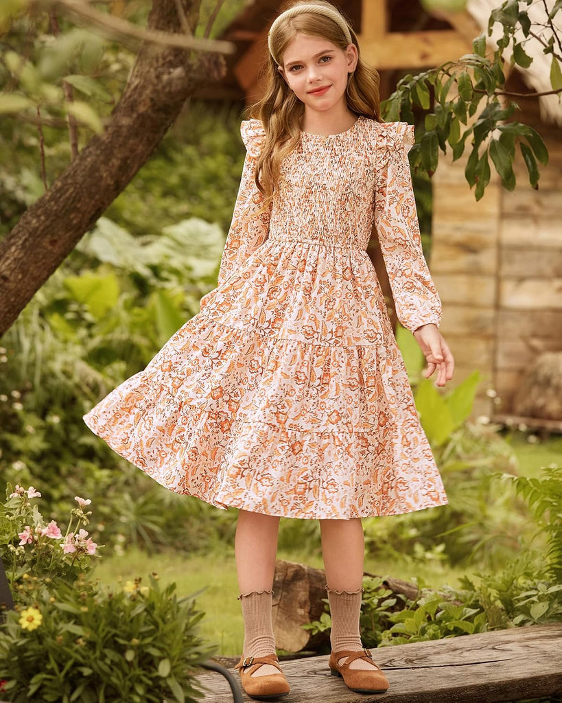 Girls Long Sleeve Fall Floral Dress Ruffle Round Neck Smocked Layered Hem
