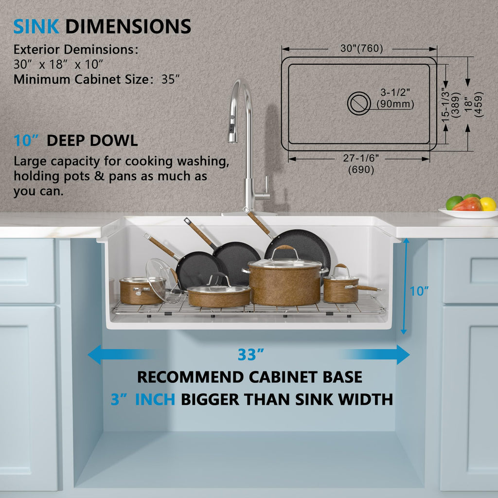 30 White Undermount Sink - 30"x18" Kitchen Sink Dual Mount White Ceramic Porcelain Fireclay Rectangular Deep Single