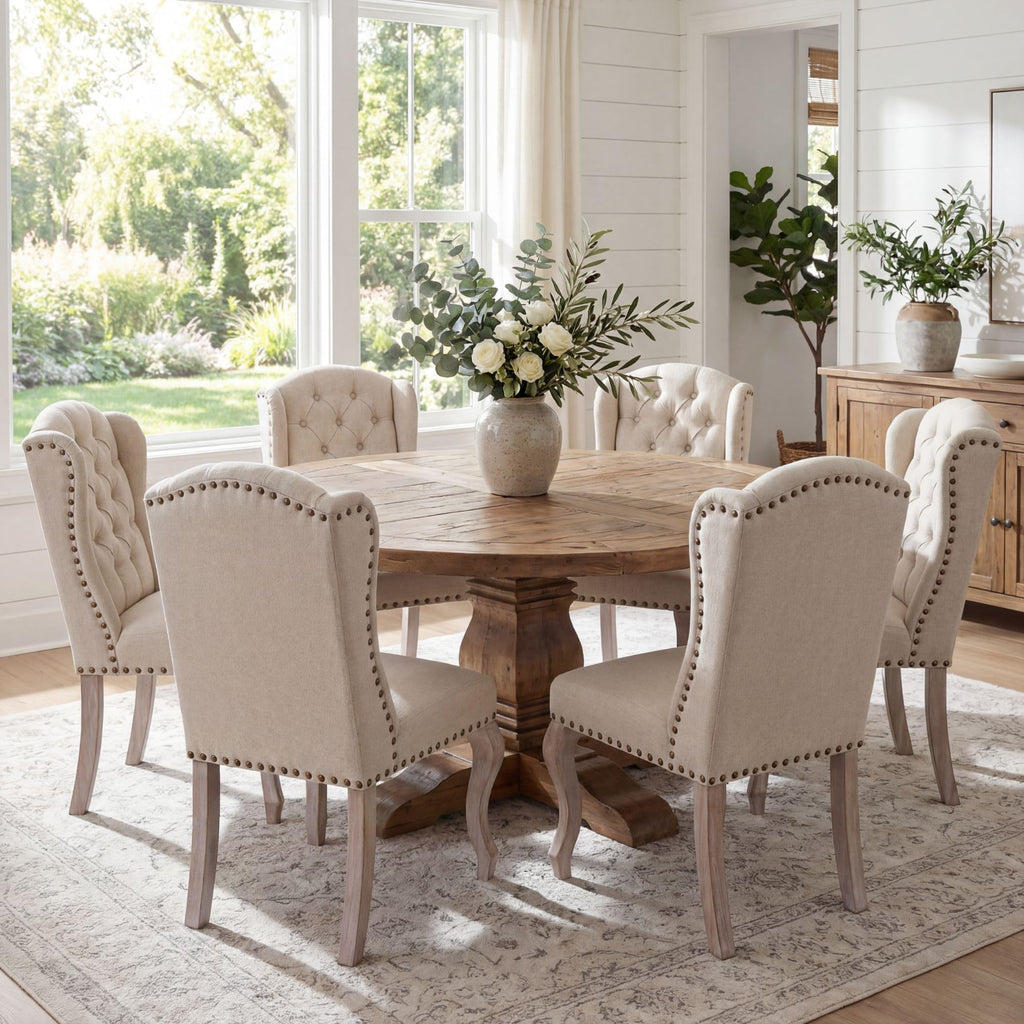High Back Parsons Set of 2, Tufted Wingback Upholstered French Country Chairs with Nailhead Trim /Dining/Living