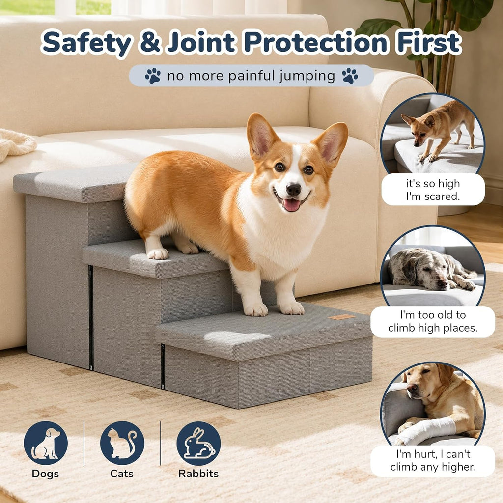 3-Step Dog Stairs for Large Dogs with Storage 18" H, Light Grey