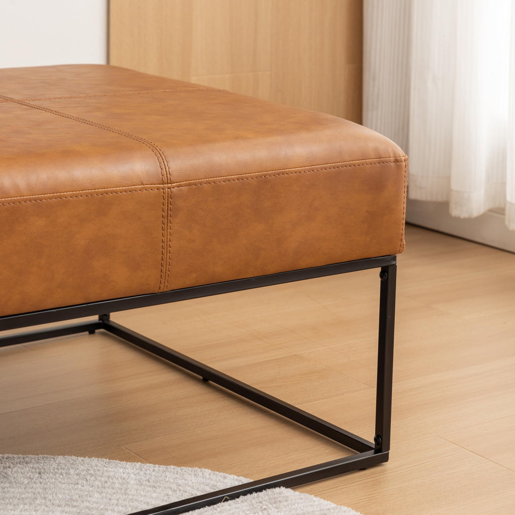 Modern Square Coffee Table, Farmhouse Ottoman, Large Vintage Leather Coffee Tables with Faux Leather Upholstered