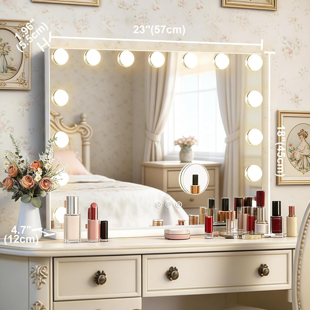 Hollywood Vanity Mirror with Lights, 23" x 18", 15 Dimmable Bulbs, 3 Color Lights, Make Up Lighted Mirror, USB