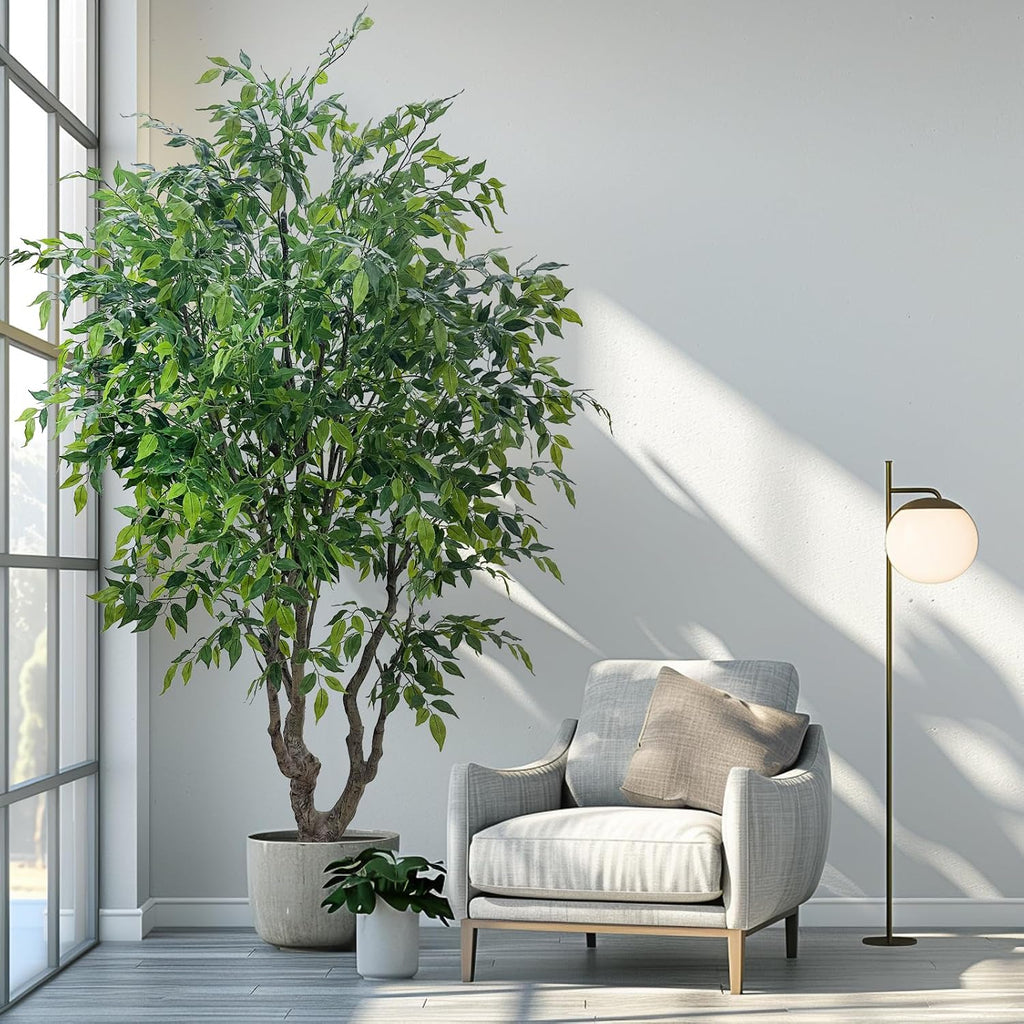 8FT Artificial Ficus Tree - Lifelike Faux Indoor Tree with Natural Trunk, Large Fake Plant & Commercial Interior Decor