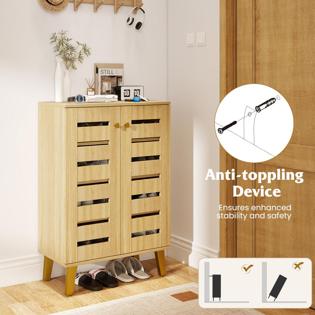 Shoe Cabinet with Doors, Modern Wooden Narrow Shoe Storage Cabinet