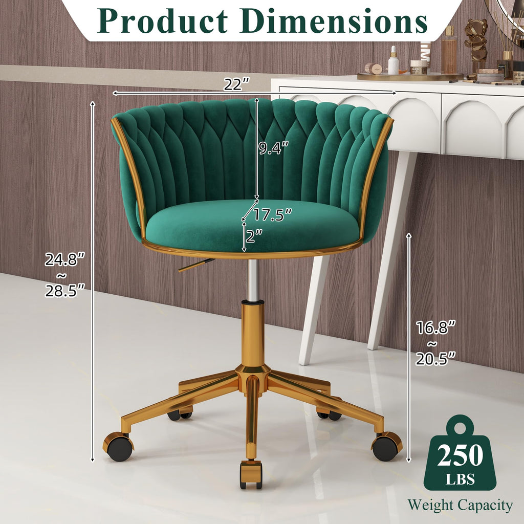 Vanity Chair with Wheels, Velvet Office Desk Chair, Swivel & Adjustable