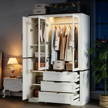 73'' Wood Farmhouse 4 Doors Armoire Wardrobe Closet with LED Light