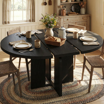 47"-63" Extendable Round Dining RoomTable for 4-8, Farmhouse Wood Expandable Kitchen Table w/Wider Leg, Sturdy Metal