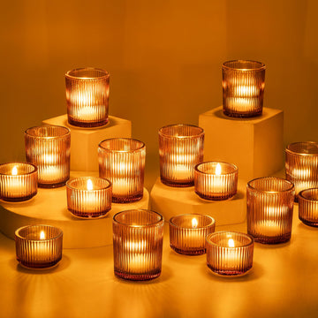 Glass Votive Candle Holders Bulk 24 Amber Ribbed Tealight for Fall