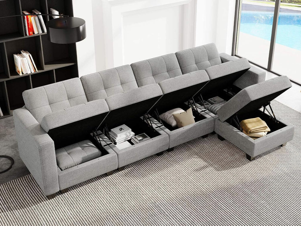 Light Grey L Shape 5-Seat Modular Sectional Sofa with Storage, Reversible Chaise, Adjustable Backrest, Cotton &