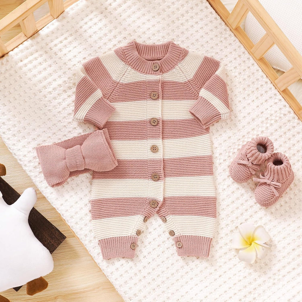 Knit Cotton Newborn Piece Set with Romper, Hat/Hair Band, Booties