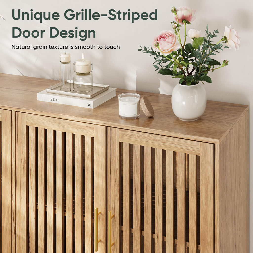 63" Long Sideboard Buffet with 4 Slatted Doors, Farmhouse Buffet Storage Cabinet with Adjustable Shelves, Coffee Bar