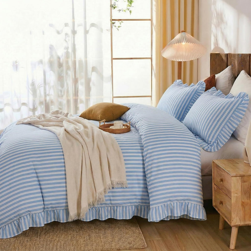 Blue and White Striped Comforter Set, 100% Cotton, Ruffle Trim Comforter Set, Soft Lightweight Breathable