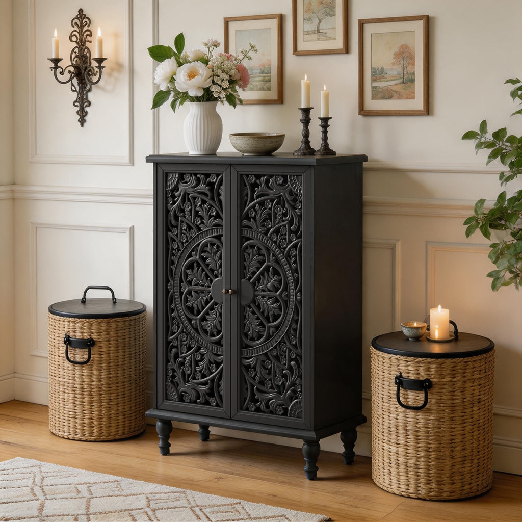 2-Door Accent Cabinet with Hollow Carved Doors and Adjustable Shelf, Farmhouse Carved Sideboard with Turned Legs