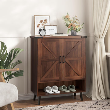34" Tall Farmhouse Shoe Storage Cabinet with Barn Doors, Walnut