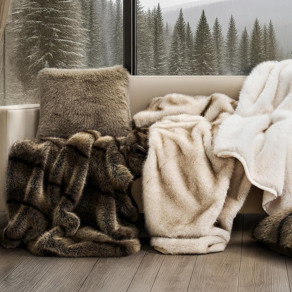 Luxury Faux Fur Throw Blanket, 50"x60", Ombré Sable Brown | Fluffy Faux Mink Blanket, Soft Cozy Plush, Thick Warm