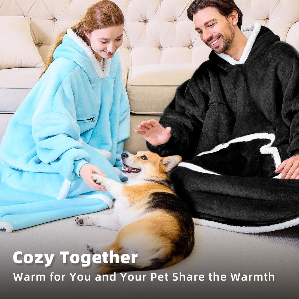 Oversized Cozy Wearable Blanket Hoodie for Adult with Eye Mask,Black