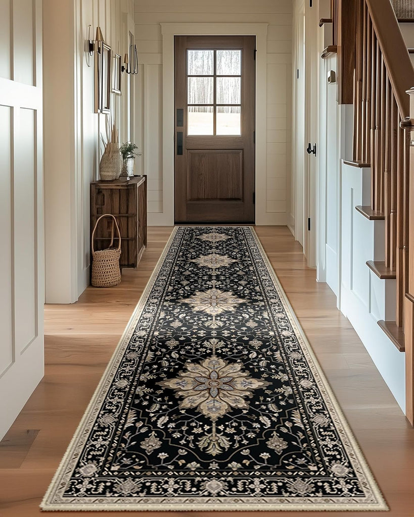 Area Rugs Washable Non-Slip, Floral Vintage Distress Print Pattern Medallion Carpet for Living Room Bedroom