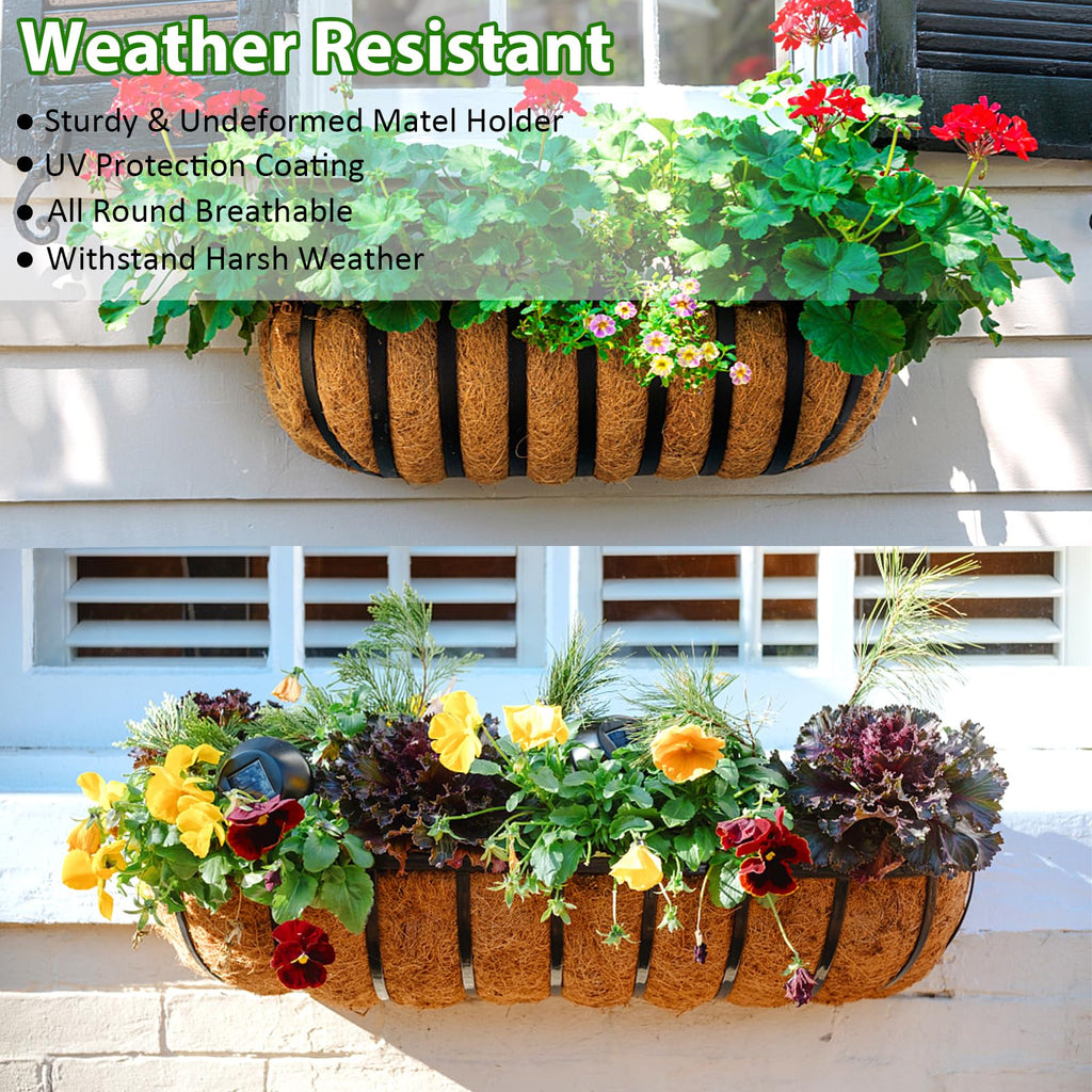 Railing Planter Window Box - 2 Pack 30 Inch Deck Balcony Rail Planter with Coconut Coir Liner, Fence Metal Hanging