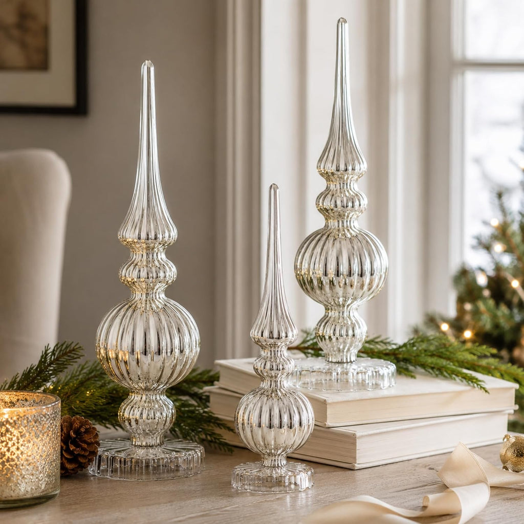 Set of 3 Mercury Glass Finial Christmas Figurines, Silver