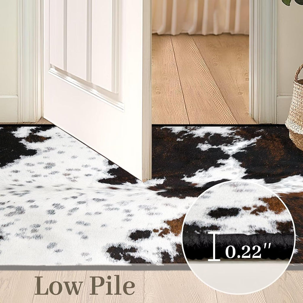 Cowhide Area Rug Western Rug Ultra-Thin Washable Throw Carpet Brown Cow Print Rugs Indoor Vintage Rugs Non Slip